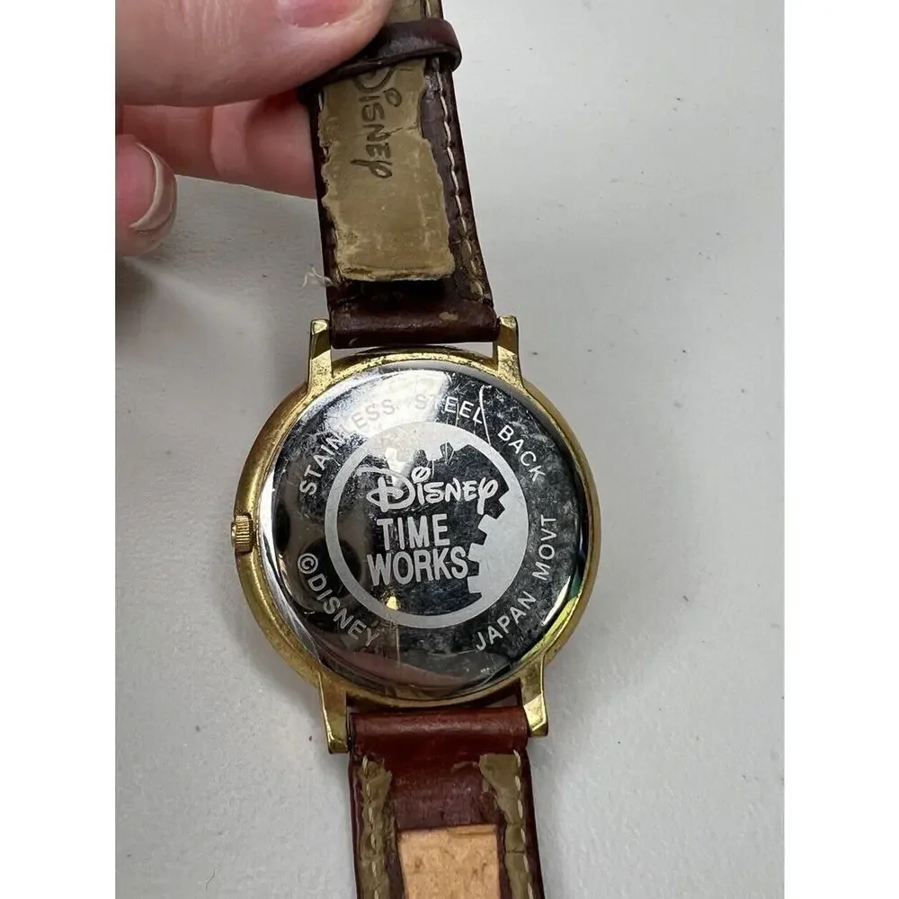 Disney Time Works Mickey Mouse Gold Toned Analog Watch Brown Leather